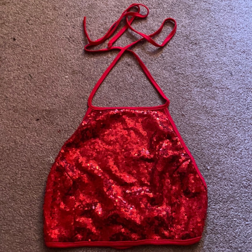 Red, Cropped, Sequined Top.
